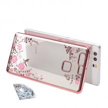 Луксозен силиконов калъф / гръб / TPU с камъни за Huawei P10 - прозрачен / розови цветя / розов кант