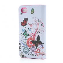 Кожен калъф Flip тефтер със стойка за Apple iPhone 5 / iPhone 5S - бял с цветя и пеперуди