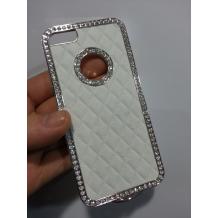 Луксозен заден предпазен капак за Apple iPhone 5 - кожен с камъни / бял