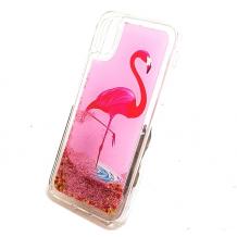 Луксозен твърд гръб 3D за Apple iPhone X - Flamingo / розов брокат със звездички