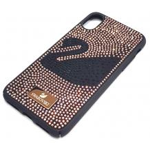 Луксозен твърд гръб Swarovski за Apple iPhone X - черен / Rose Gold камъни / Swan 