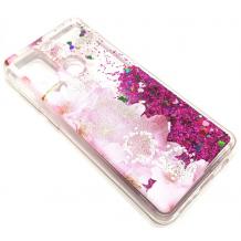 Луксозен гръб 3D Water Case за Samsung Galaxy A21s - течен гръб с розов брокат / огледален с розови цветя