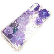 Луксозен гръб 3D Water Case за Huawei Y6p - течен гръб с брокат / прозрачен с лилави цветя