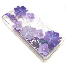 Луксозен гръб 3D Water Case за Huawei Y6p - течен гръб с брокат / прозрачен с лилави цветя