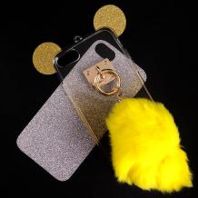 Луксозен силиконов калъф / гръб / TPU 3D за Apple iPhone 7  - преливащ / сребристо със златисто / миши ушички / жълт пух 