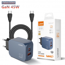 Зарядно устройство LDNIO Q6 GaN 45W с USB-C, USB-A и USB Type-C към USB Type-C кабел