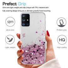Луксозен твърд гръб / кейс / 3D Water Case за Samsung Galaxy A22 4G - прозрачен / течен гръб с брокат / розов