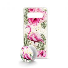 Луксозен силиконов калъф / гръб / TPU с Popsocket за Samsung Galaxy S10 - бял / Flamingo and Flowers