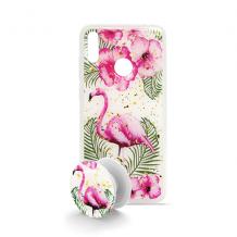 Луксозен силиконов калъф / гръб / TPU с Popsocket за Samsung Galaxy A40 - бял / Flamingo and Flowers