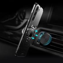 Удароустойчив гръб TPU Ring Armor Case с твърда част и стойка с магнитно захващане за Samsung Galaxy S23 5G - черен
