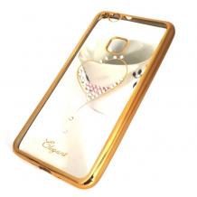 Луксозен силиконов калъф / гръб / TPU / Elegant с камъни за Huawei P10 Lite - прозрачен със златист кант / сърце
