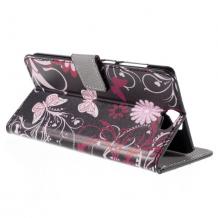 Кожен калъф Flip тефтер Flexi със стойка за HTC One A9 - черен / розови цветя и пеперуди