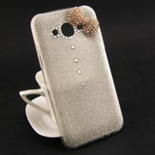 Луксозен силиконов калъф / гръб / TPU с камъни за Samsung Galaxy J5 J500 - сребрист / брокат / панделка