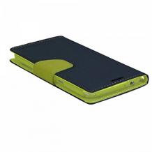  Луксозен кожен калъф Flip тефтер със стойка MERCURY Fancy Diary за Lenovo Vibe C2  - тъмно син със зелено
