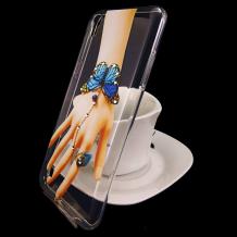 Луксозен силиконов калъф / гръб / TPU с камъни за LG X Power - прозрачен / сини пеперуди