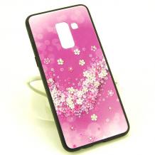 Луксозен стъклен твърд гръб със силиконов кант и камъни за Samsung Galaxy S9 Plus G965 - лилав с цветя