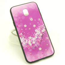 Луксозен стъклен твърд гръб със силиконов кант и камъни за Samsung Galaxy J7 2017 J730 - лилав с цветя