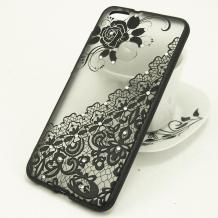 Луксозен твърд гръб със силиконов кант и камъни за Huawei P10 Lite - прозрачен / черна дантела с роза