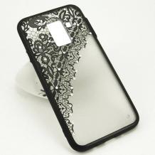 Луксозен твърд гръб със силиконов кант и камъни за Samsung Galaxy A8 2018 A530F - прозрачен / черна дантела