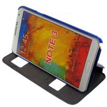 Кожен калъф Flip Cover S-View тип тефтер Puloka SS Case за Samsung Galaxy Note 4 N910 / Samsung Note 4 - син със стойка