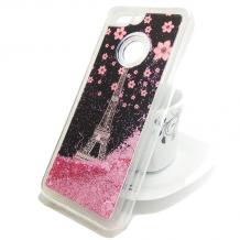 Луксозен твърд гръб 3D за Huawei P Smart - лилави цветя / айфелова кула / розов брокат