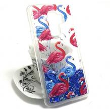 Луксозен твърд гръб 3D за Samsung Galaxy S9 G960 - прозрачен / фламинго / син брокат