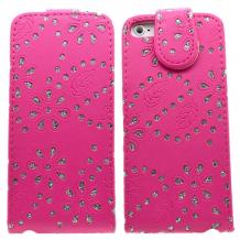 Кожен калъф Flip тефтер за Apple iPhone 5 / iPhone 5S - розов с камъни