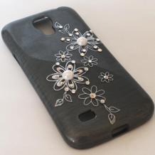 Силиконов калъф / гръб / TPU за Samsung Galaxy S4 Mini I9190 / I9192 / I9195 - сребрист с черни цветя / Art 1