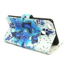 Кожен калъф Flip тефтер Flexi със стойка за Huawei P9 Lite - сини цветя / брокат