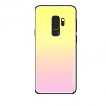 Луксозен стъклен твърд гръб за Samsung Galaxy A6 Plus 2018 - преливащ / жълто и розово