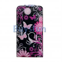 Кожен калъф Flip тефтер за Apple Iphone 4 / 4S - черен с цветя и пеперуди