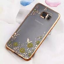 Луксозен силиконов калъф / гръб / TPU с камъни за Samsung Galaxy S7 G930 - жълти цветя / златист кант