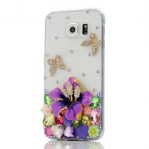 Луксозен твърд гръб с камъни 3D Luxury Diamond Bling Rhinestone Case за Samsung Galaxy S6 G920 - прозрачен / Clear Butterflies and Flowers