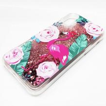 Луксозен твърд гръб 3D Water Case за Apple iPhone XS Max - прозрачен / розов брокат / фламинго