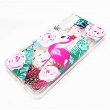 Луксозен твърд гръб 3D Water Case за Samsung Galaxy A7 2018 A750F - прозрачен / розов брокат / фламинго