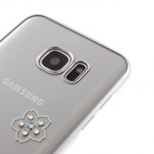 Луксозен твърд гръб X-FITTED Swarovski Diamond за Samsung Galaxy S7 Edge G935 - прозрачен със сребрист кант / цветя