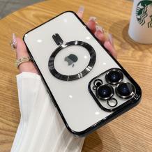 Силиконов калъф / гръб / Clear Case с безжично зареждане MagSafe кейс за Apple iPhone 15 Pro (6.1) - прозрачен с протектори за камерите черен кант