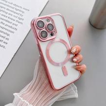 Силиконов калъф / гръб / Clear Case с безжично зареждане MagSafe кейс за Apple iPhone 15 Pro (6.1) - прозрачен с протектори за камерите розов кант