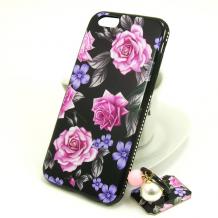 Луксозен твърд гръб със стойка за Apple iPhone 6 / iPhone 6S - черен / розови и лилави цветя