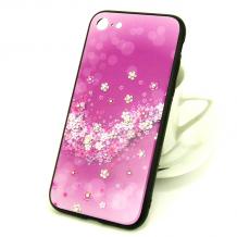 Луксозен стъклен твърд гръб със силиконов кант и камъни за Apple iPhone 7 Plus / iPhone 8 Plus - лилав с цветя