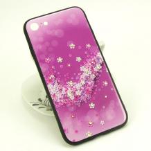 Луксозен стъклен твърд гръб със силиконов кант и камъни за Apple iPhone 7 Plus / iPhone 8 Plus - лилав с цветя