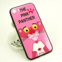 Луксозен твърд гръб със силиконов кант и камъни за Apple iPhone 7 / iPhone 8 - тъмно розов / The Pink Panther