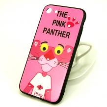 Луксозен стъклен твърд гръб със силиконов кант и камъни за Apple iPhone 7 Plus / iPhone 8 Plus - тъмно розов / The Pink Panther