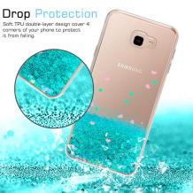 Луксозен твърд гръб 3D Water Case за Samsung Galaxy J4 Plus 2018 - прозрачен / течен гръб с брокат / тюркоаз