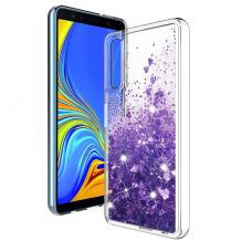 Луксозен твърд гръб 3D Water Case за Samsung Galaxy A7 2018 A750F - прозрачен / течен гръб с брокат / сърца / лилав