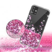 Луксозен твърд гръб 3D Water Case за Samsung Galaxy A51 - прозрачен / течен гръб с брокат / сърца / розов