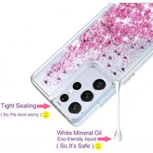 Луксозен гръб 3D Water Case за Samsung Galaxy S21 Ultra - прозрачен / течен гръб с розов брокат / сърца
