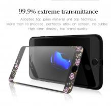 Стъклен скрийн протектор / 9H HD Full Tempered Glass Film Kauaro Swarovski Screen Protector / за дисплей нa Apple iPhone 6 / iPhone 6S - черен / бели цветя