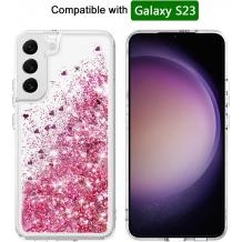 Луксозен твърд гръб / кейс / 3D Water Case за Samsung Galaxy S23 5G - прозрачен кейс с течен брокат / розов
