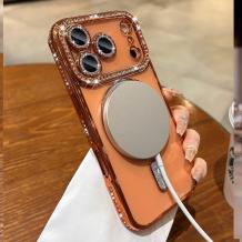 Луксозен силиконов калъф / гръб / TPU кейс със MagSafe за iPhone 17 Pro Max - прозрачен със розов кант и камъни